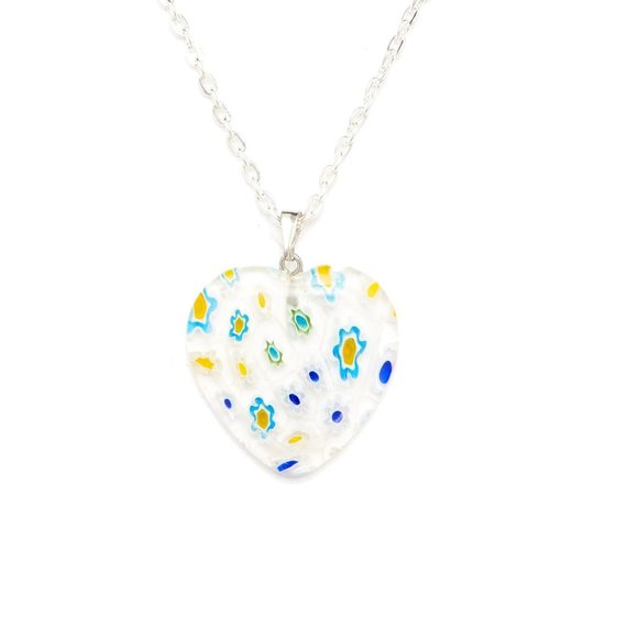 Millefiori Glass Clear Heart Shape with Blue Yellow & Green Flowers Necklace - Picture 5 of 8